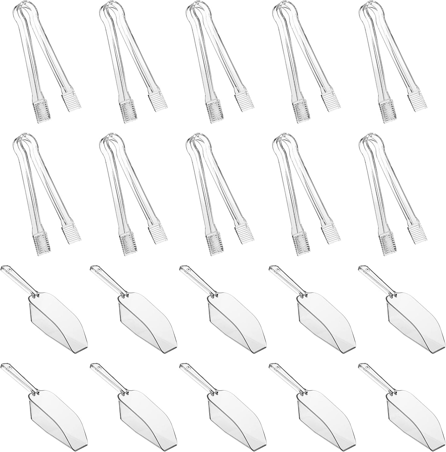 20 Combo Pack,10 Pieces Plastic Serving Tongs Mini Kitchen Tongs Kitchen Tongs Utility and 10 Pieces Plastic Kitchen Scoops Clear Ice Scoop Mini Clear Buffet Scoop for Candy Dessert Buffet Ice