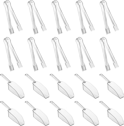 20 Combo Pack,10 Pieces Plastic Serving Tongs Mini Kitchen Tongs Kitchen Tongs Utility and 10 Pieces Plastic Kitchen Scoops Clear Ice Scoop Mini Clear Buffet Scoop for Candy Dessert Buffet Ice