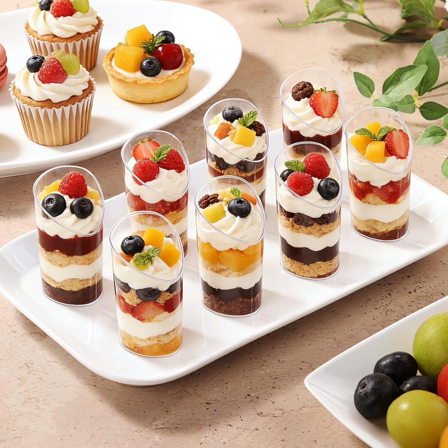 Eupako 3 oz Plastic Dessert Shooter Cups with Spoons - 100 Pack Mini Clear Slanted Appetizer Cup, Small Dessert Cup for Jello Shots, Parfait, Puddings, Mousse