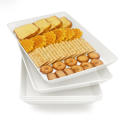 Serving Tray Platter, 4 Pack Food Tray for Veggie Fruit Snack Dessert Cookie Cheese, Food Trays for Party Supplies Display, Plastic Platters for Serving Food, Large White Trays, BPA Free