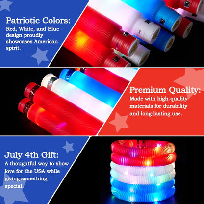 JOYIN 12 PCS 4th of July Red White Blue Glow Sticks & Light Up Pop Tubes, Patriotic Glow Toys Light up Bracelet Necklace, Independence Day Party Favors Supplies for Parade, Camp Games & Activities