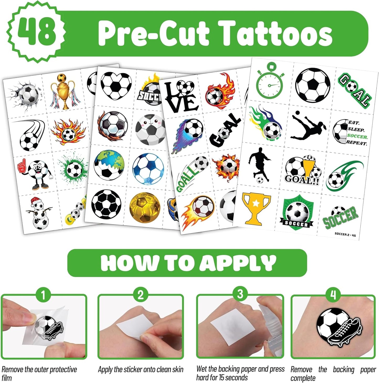 Cherisnowy 72 PCS Soccer Party Favors - 48 Temporary Pre-Cut Tattoos & 24 Slap Bracelets - Fun Party Favors for Boys & Girls, Birthday Goodie Bag Fillers, Baby Shower Gifts, Classroom Rewards