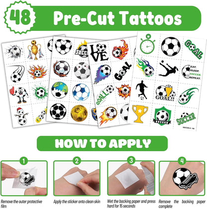 Cherisnowy 72 PCS Soccer Party Favors - 48 Temporary Pre-Cut Tattoos & 24 Slap Bracelets - Fun Party Favors for Boys & Girls, Birthday Goodie Bag Fillers, Baby Shower Gifts, Classroom Rewards