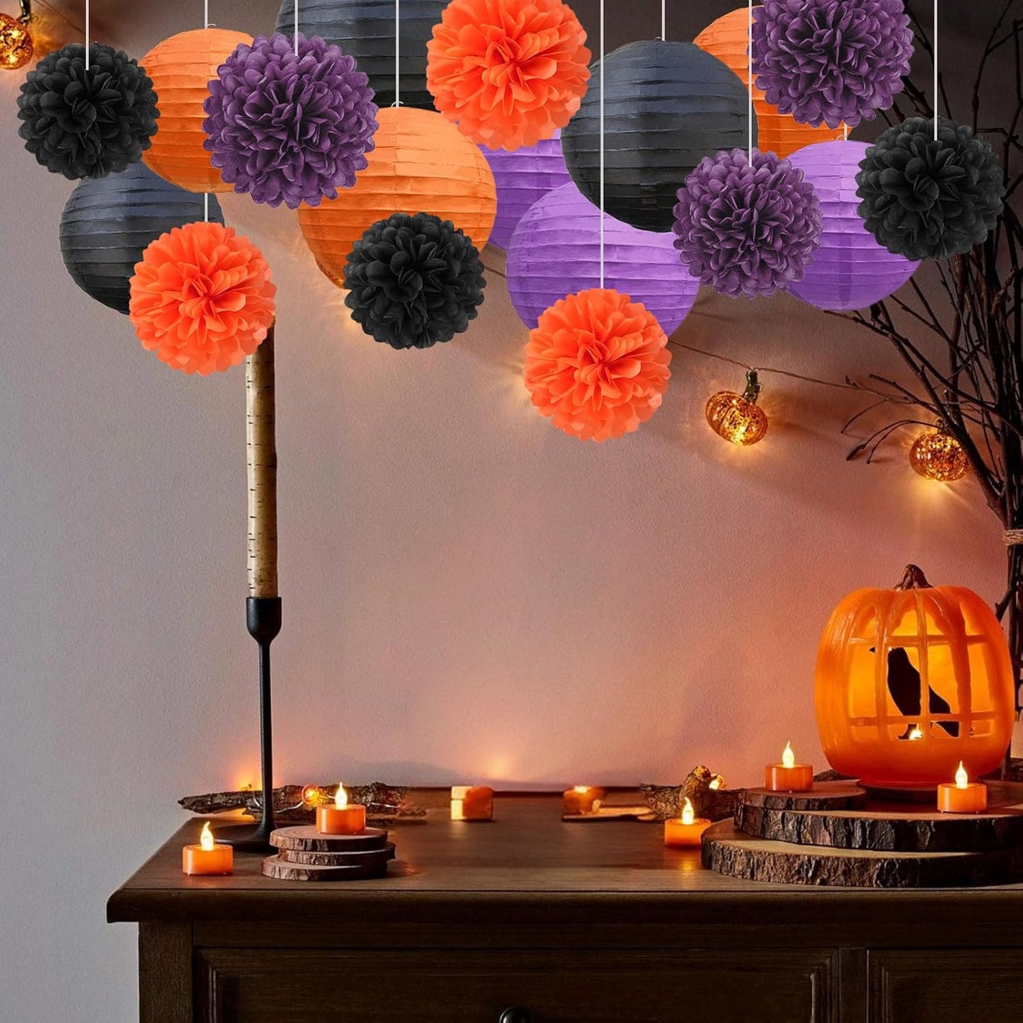 18 PCS Tissue Paper Pom Poms, Tissue Pom Poms Flowers, Sizes of 6", 10", 12", 14" Hanging Paper Flower Ball for Wedding, Birthday, Halloween, Christmas, Baby Shower Party Decor (Red Black Gold)