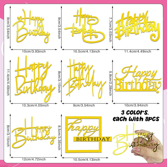 24 PCS Happy Birthday Cake Toppers Mirror Acrylic Side Cake Decorations 8 Styles 3 Colors