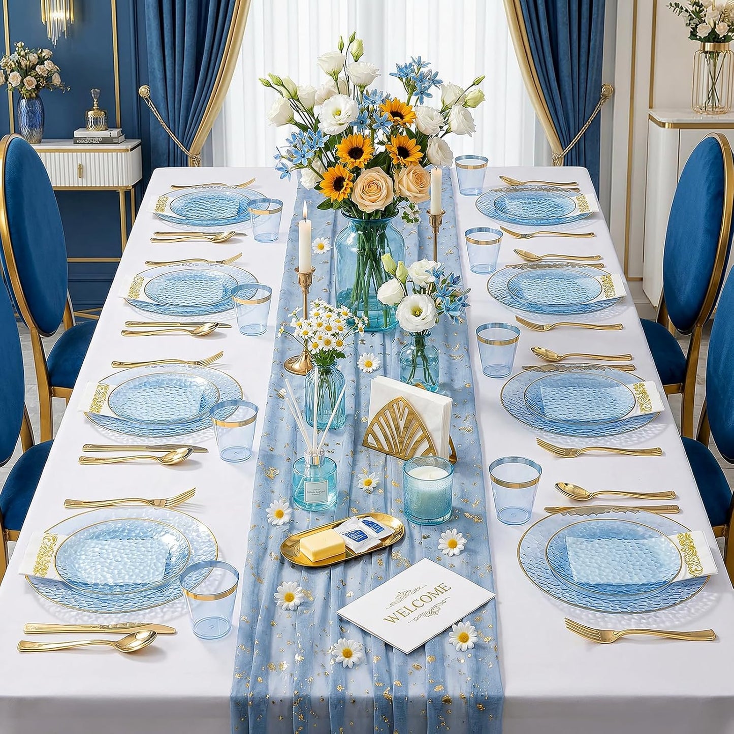 Rubtlamp 350 Pcs Clear Blue Plastic Plates, Blue Gold Plastic Dinnerware Set (50 Guests), Blue Disposable Plates With Gold Rim, Hammered Party Plates Set for Wedding And Party