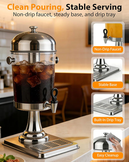 Beverage Dispenser with Stand,2 Gallon Drink Dispenser for Parties,Events,Buffet &Self-Serve,Dual Ice Tube Core Fruit Infuser,Leakproof Spigot,Clear PC Container,Stainless Steel Lid&Base
