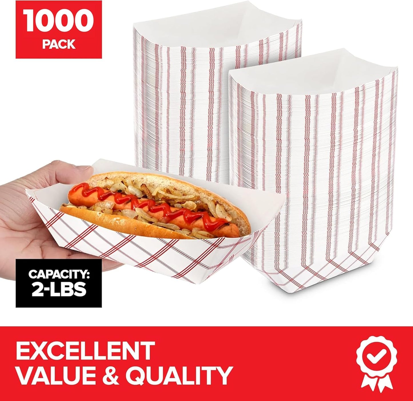 Stock Your Home Medium Paper Food Boats (100 Pack) – 2 lb Disposable Red & White Checkered Trays, Eco-Friendly Serving Boats for Concessions, Nachos & Condiments (4.5" x 2.75")