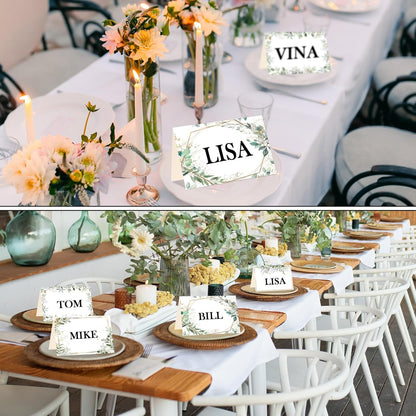 Honoson 48 Pcs Watercolor Greenery Place Cards for Table Setting 4.6 x 3 Inch Blank Fillable Seat Card Eucalyptus Tent Folding Name Card for Weddings, Parties, Banquets
