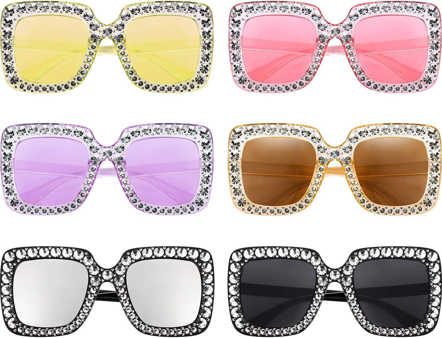 Frienda 6 Pairs Rhinestone Oversized Square Sunglasses 70s Women Dazzled Sunglasses for Disco Party Concert Photo Props