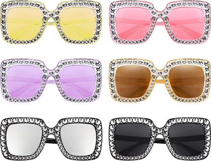 Frienda 6 Pairs Rhinestone Oversized Square Sunglasses 70s Women Dazzled Sunglasses for Disco Party Concert Photo Props