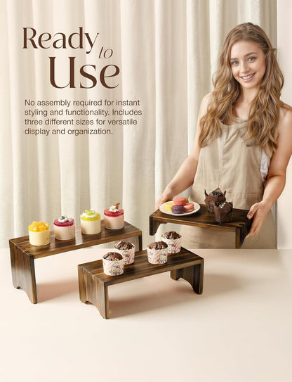 Tidita Acacia Wood Risers Display Stands Set of 3 - Wooden 3 Tier Cupcake Stand - 3 Tiered Riser for Vendors - Decorative Display Risers for Food Desserts Stand, Perfume, Funko POP at Party Wedding