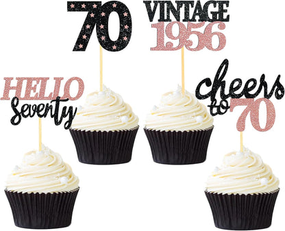 24 Pcs Glitter 70th Birthday Cupcake Toppers for Celebrating 70th Birthday Party Decorations for Seventy Years Old Birthday Party Supplies (Rose Gold2)