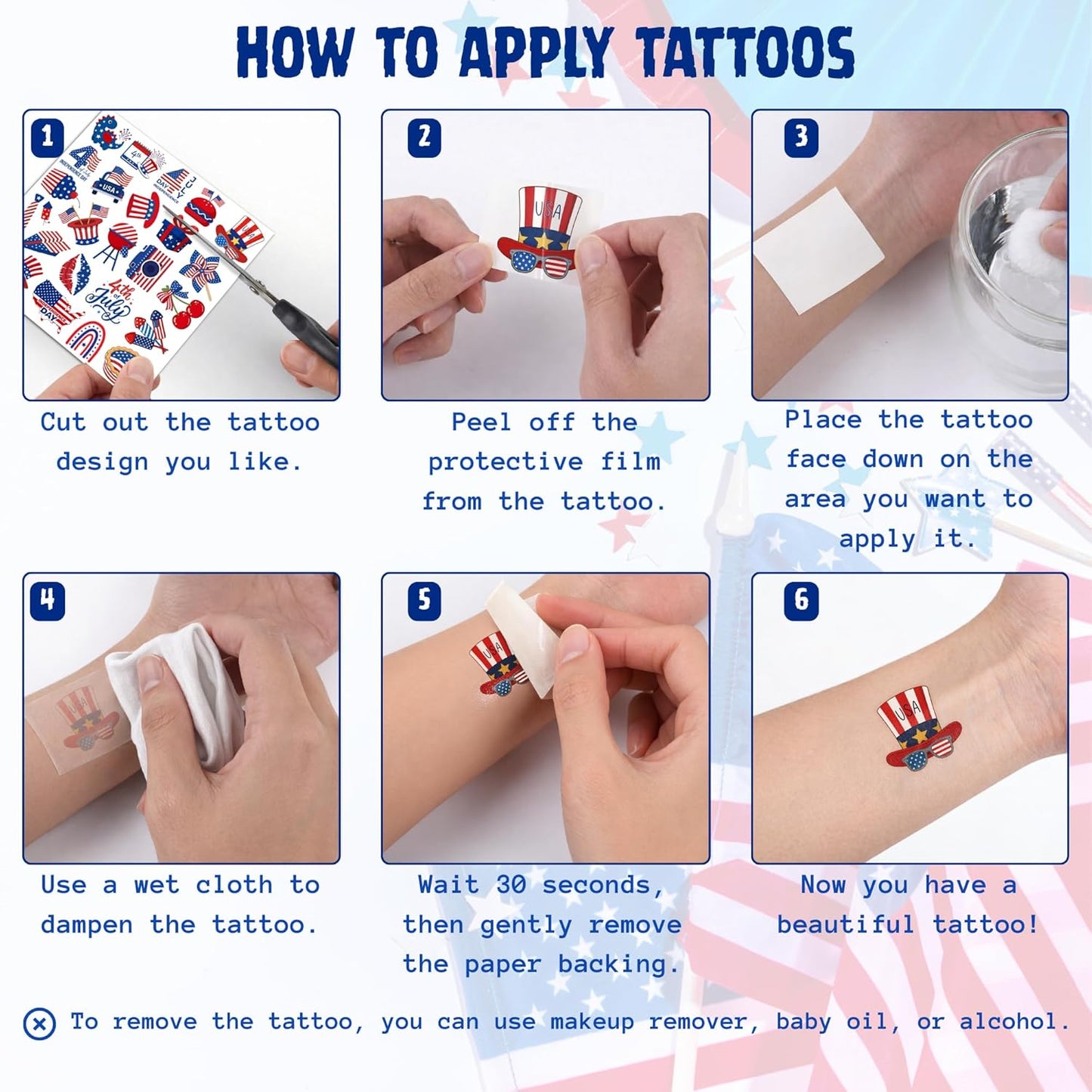 4th of July Temporary Tattoos - 105 PCS USA stickers Fourth of July Party Favors Supplies Decorations Patriotic Accessories Memorial Labor Independence Day Red White Blue American Flag