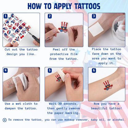 4th of July Temporary Tattoos - 105 PCS USA stickers Fourth of July Party Favors Supplies Decorations Patriotic Accessories Memorial Labor Independence Day Red White Blue American Flag