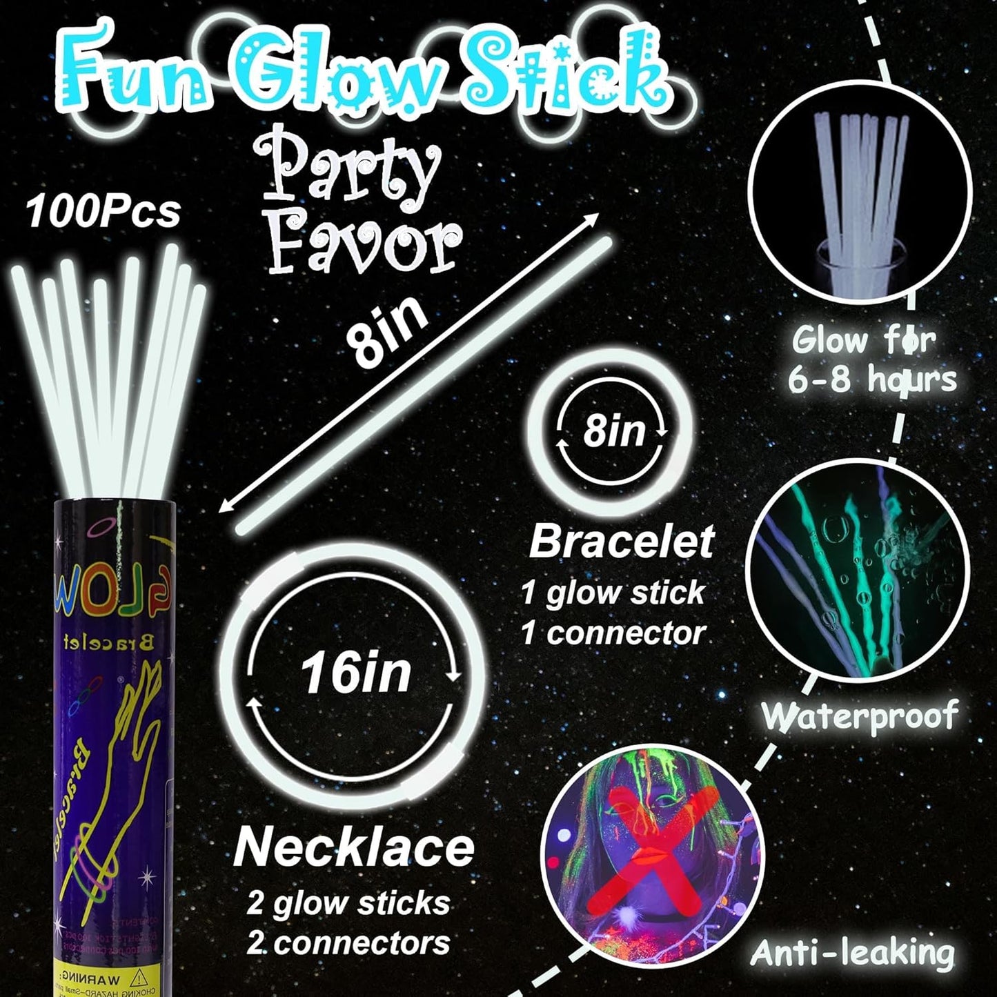 100 pk 8" Glow Sticks Bulk Party Favors, Light up Glow Necklaces & Bracelets in the Dark Party Supplies For Christmas Halloween 4th of July Birthday Neon Party (100 * Blue)
