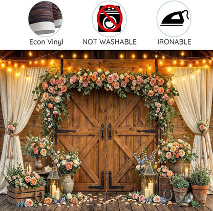 10x8ft Country Wedding Photography Backdrop Rustic Barn Door Photography Backdrop Farmhouse Pink Flower Cabin Wooden Birthday Baby Shower Wedding Bridal Party Banner Photo Booth Props Background