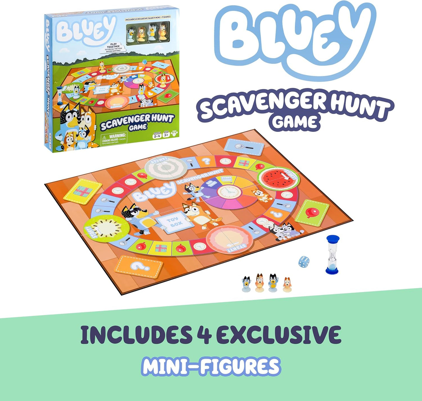 Bluey Scavenger Hunt Board Game, Cooperative Play with 4 Exclusive Mini-Figures, Indoor Games for Kids Ages 5+, Fun Toy Token Collecting Game