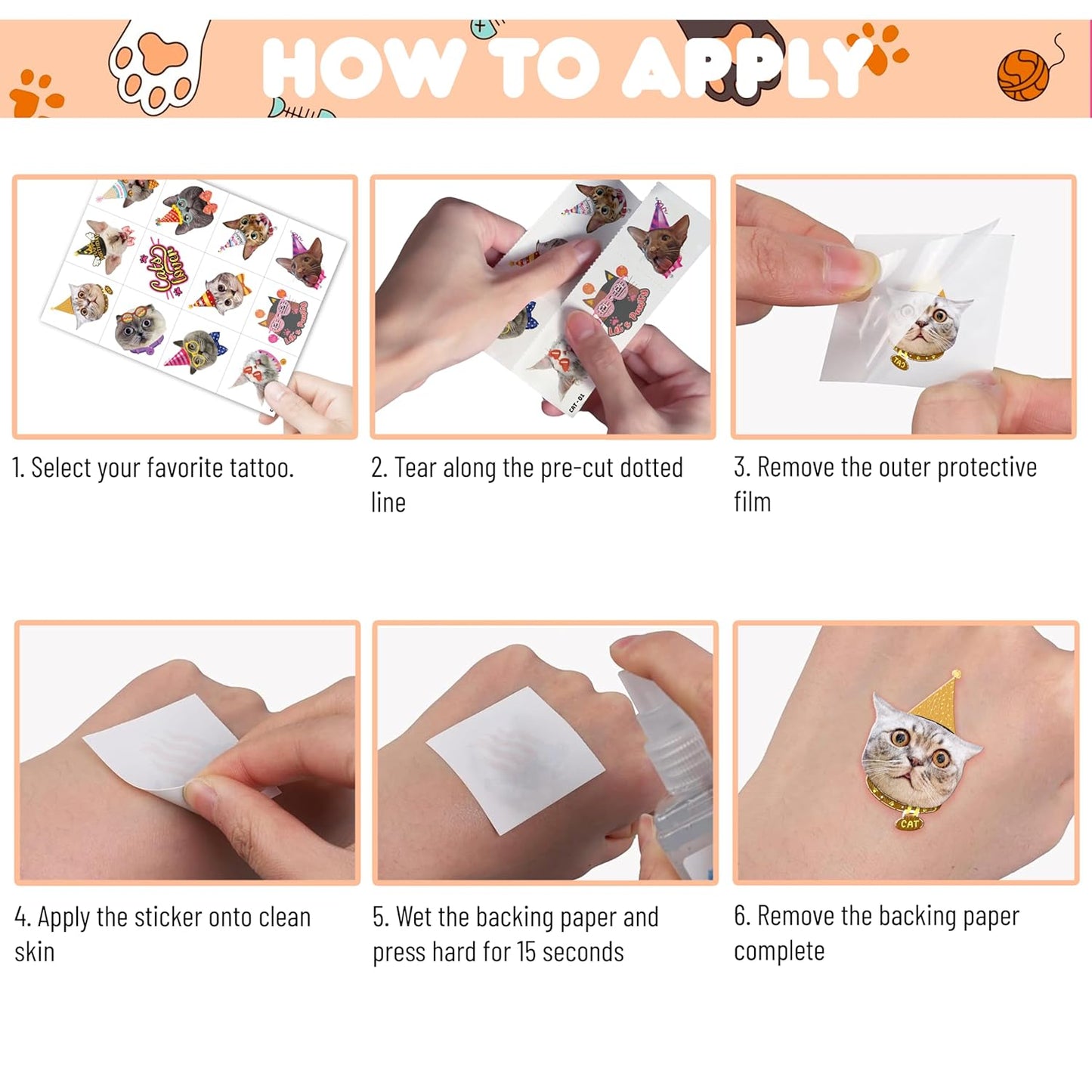 96 PCS Cat Cats Pet Pre-Cut Temporary Tattoos for Kids | Super Cute Themed Birthday Party Favors, Supplies, Decorations, Animal Paw Fake Tattoo Stickers Gifts for Boys Girls Rewards