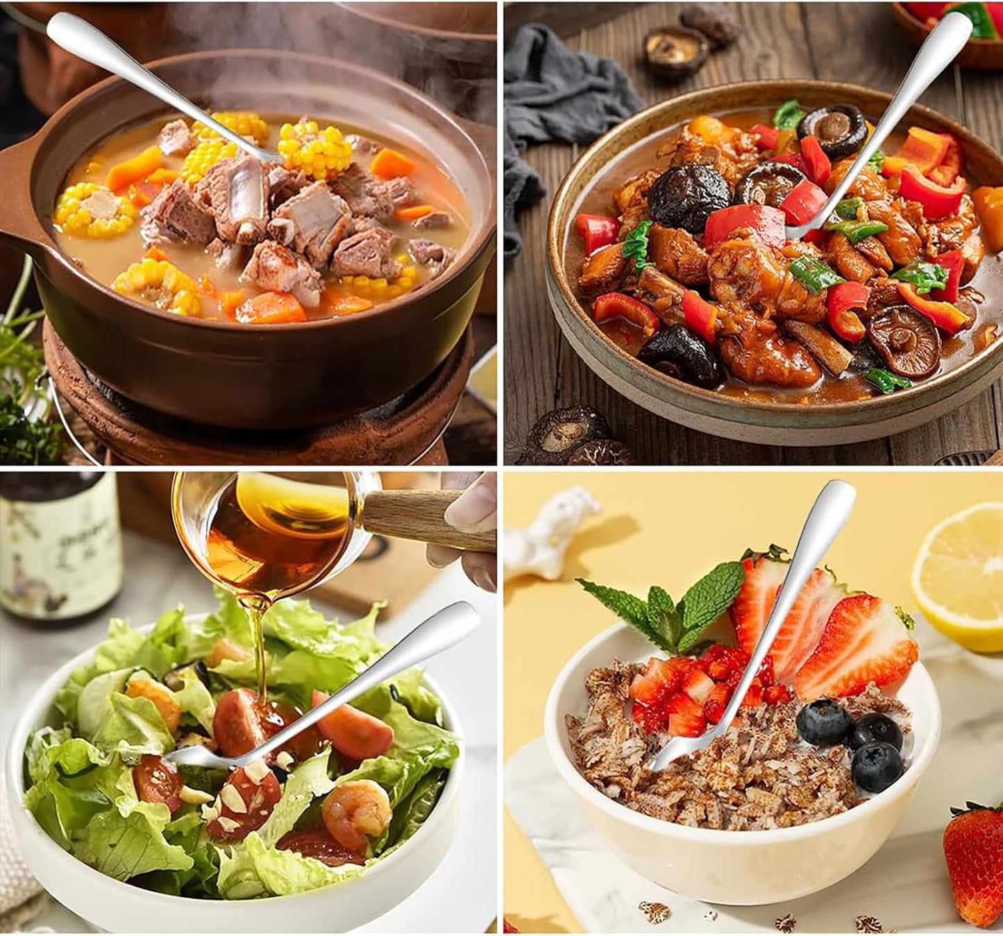 4 Pcs Large Serving Spoon Set, Silver Stainless Steel Kitchen Tongs Slotted Spoons Shovels for Buffet Parties Wedding Dinner