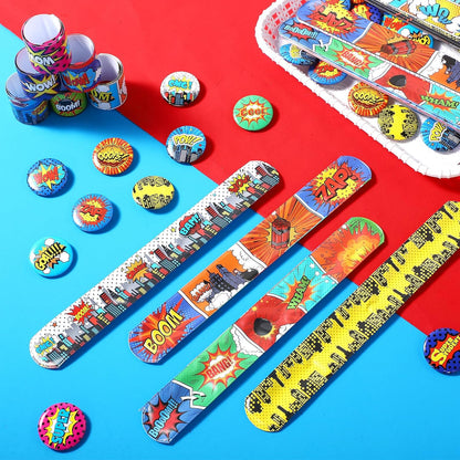 Junkin 60 Pcs Hero Party Favor Hero Slap Bracelets Comic Book Slap Bracelet for Kids Comic Book Mini Button Pin for Girl Boy Heroic Birthday Party Supplies Classroom Prizes Gift
