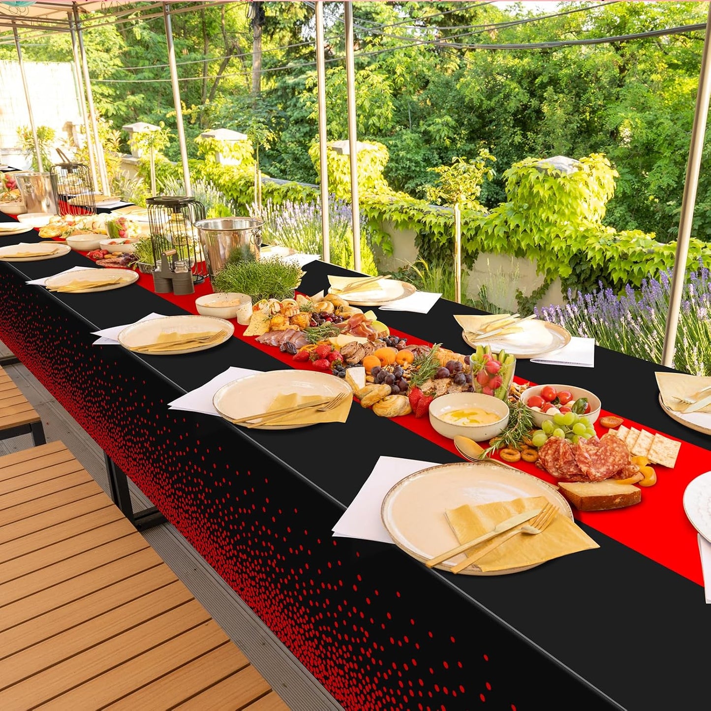 MASHAN 3Pcs Black and Red Tablecloth Party Decorations,Plastic Black Table Cloth Printed Red Table Runner Disposable Rectangle Cover for Birthday Weeding Anniversary Graduation Party,54 x108 Inch