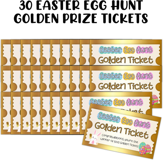 Golden Ticket Easter Egg Hunt Cards | 30 Pk 2x3.5” to put inside Neighborhood Prize Egg Game Labels Tags Bulk Gold Tickets