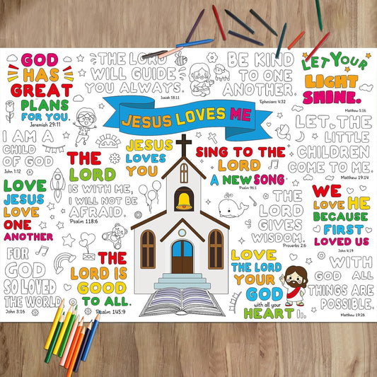 Bible Coloring Table Cloth for Kids Religious Giant Coloring Poster with Inspirational words Big Bible Coloring Book for Kids Jesus Loves Me for Classroom Home Birthday Easter Party Supplies Favor