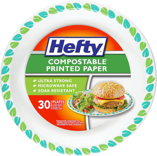 Hefty Compostable Paper Bowls, 12 oz, 30 Count, Patterned Disposable Bowls for BBQs, Parties, Holidays, Potlucks, and Everyday Use, Soak-Resistant, Made with Plant-Based Materials, Microwave Safe