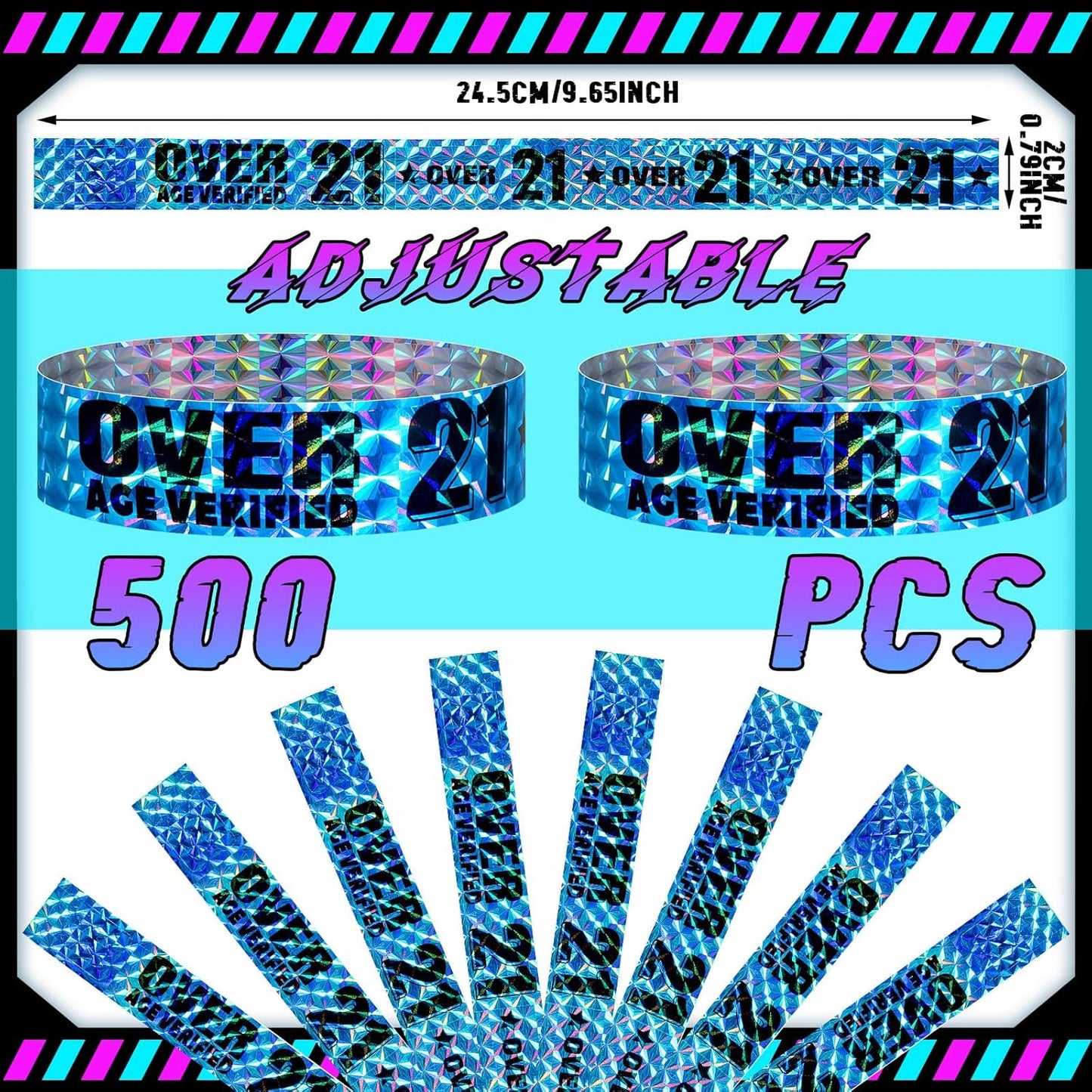 Ferraycle Over 21 Wristbands Holographic Events Wristbands Plastic Party Bracelets Waterproof Bracelets Arm Bands for Events Concerts