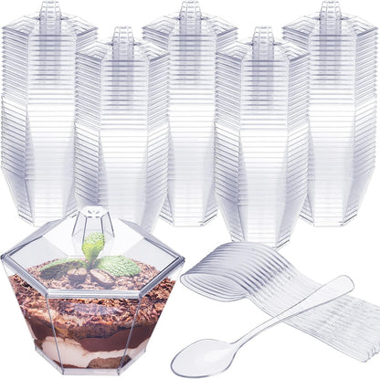 Honeydak 300 Pcs Hexagonal 3.2 oz Mini Dessert Cups with Lids and Spoons Serves 100 Hexagonal Plastic Cups with Lids for Tasting Parfait Appetizers Dessert Shot Glasses Pudding Party