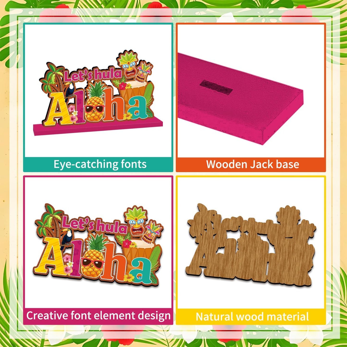 4 Pcs Luau Party Decorations Wooden Table Decorations Tiki Bar Aloha Table Centerpieces Tropical Luau Welcome Wood Signs Hawaiian Party Decorations for Summer Beach Party Decor