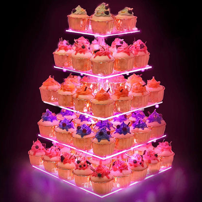 YestBuy Cupcake Stand with Yellow Led Lights, 4 Tier Cupcake Stand for 50 Cupcakes, Acrylic Cupcake Tower Stand, Clear Tiered Cupcake Holder for Birthday Cady Bar Décor Weddings, Parties Events