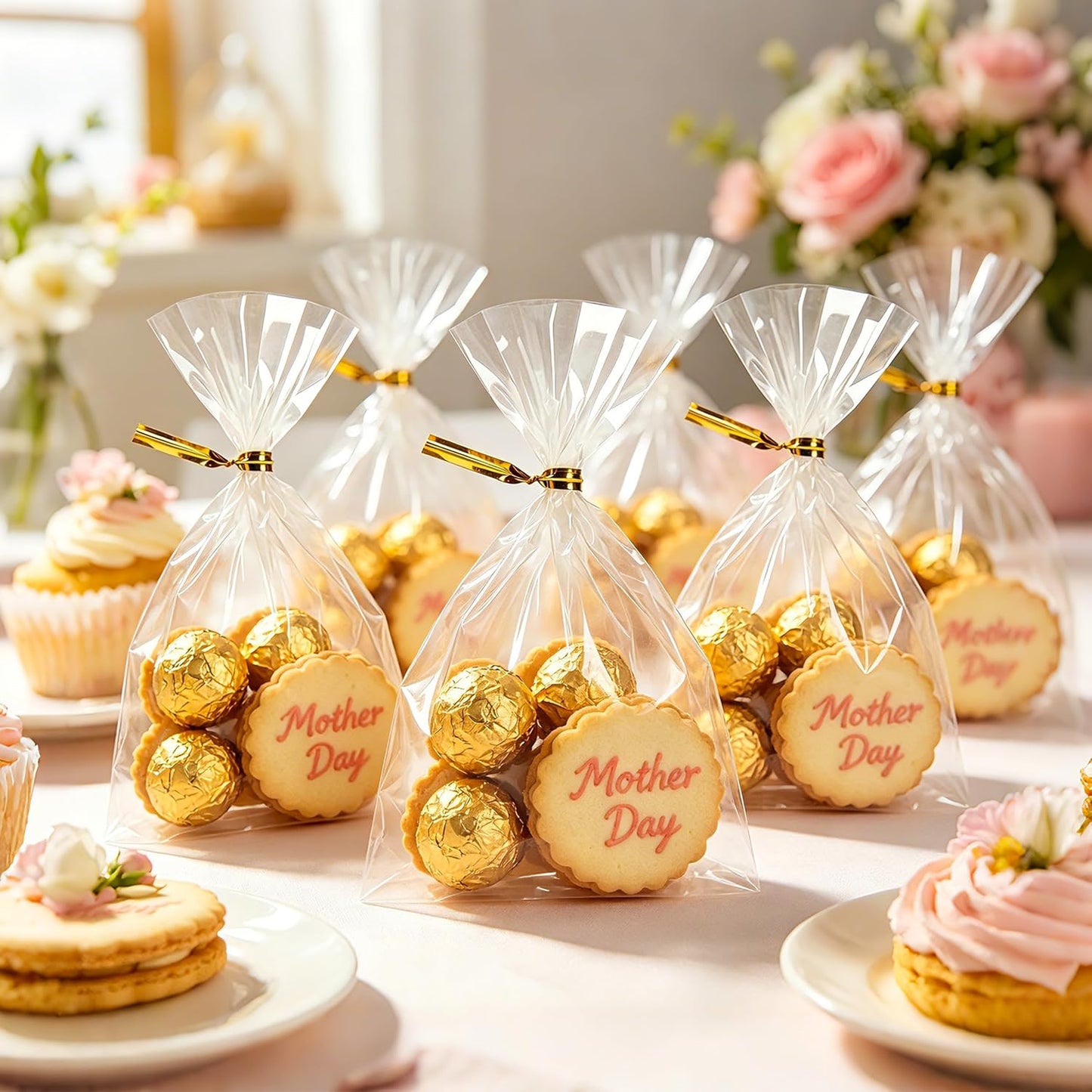 LOKQING Clear Cellophane Treat Bags 6 x 10 in, 100 Pack Mothers Day Gift Bags with Twist Ties, Bags for Cookies, Candy, Party Favors, Bakery Packaging and Small Gifts