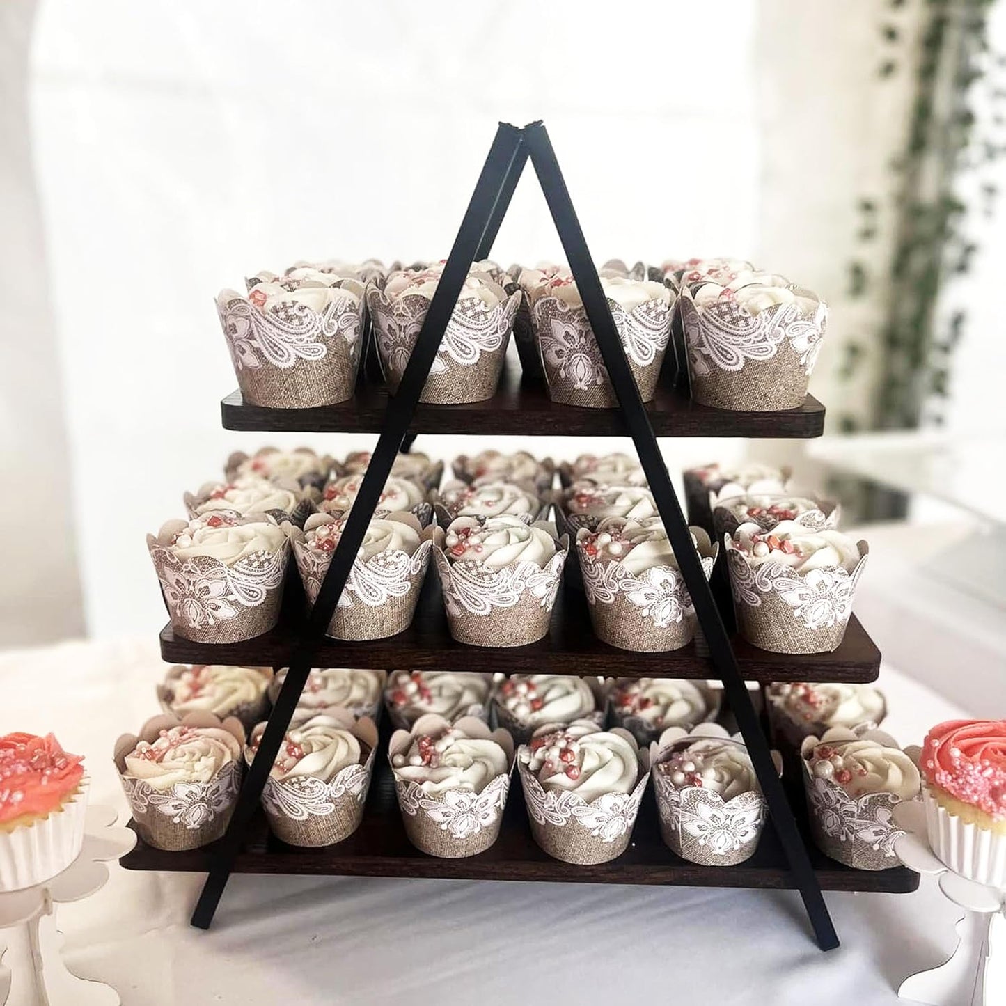 Burlap and Lace Cupcake Wrappers, 48 Count - Rustic Birch and Wood Grain Design, Burlap Cupcake Wrappers for Weddings and Parties by Pretty Cute Studios
