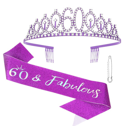 Semato 60 & Fabulous Birthday Crown and Sash Kit- 60th Birthday Gifts for Women 60th Birthday Party Decorations (rose gold)