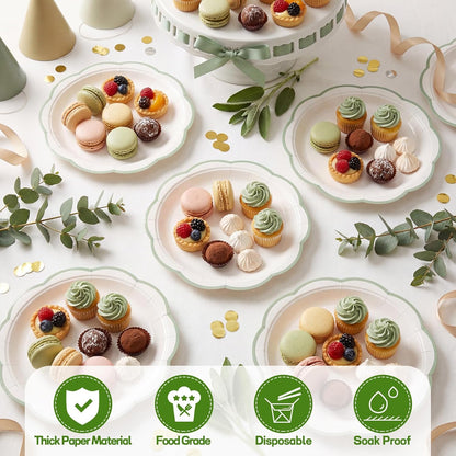 NatNarr 30 Pcs Sage Green Paper Plates, 7 Inch Scalloped Paper Plates Small Dessert Cake Plate Cute Party Plate Disposable Sage Greens Party Supplies for Wedding, Baby Bridal Shower, Birthday