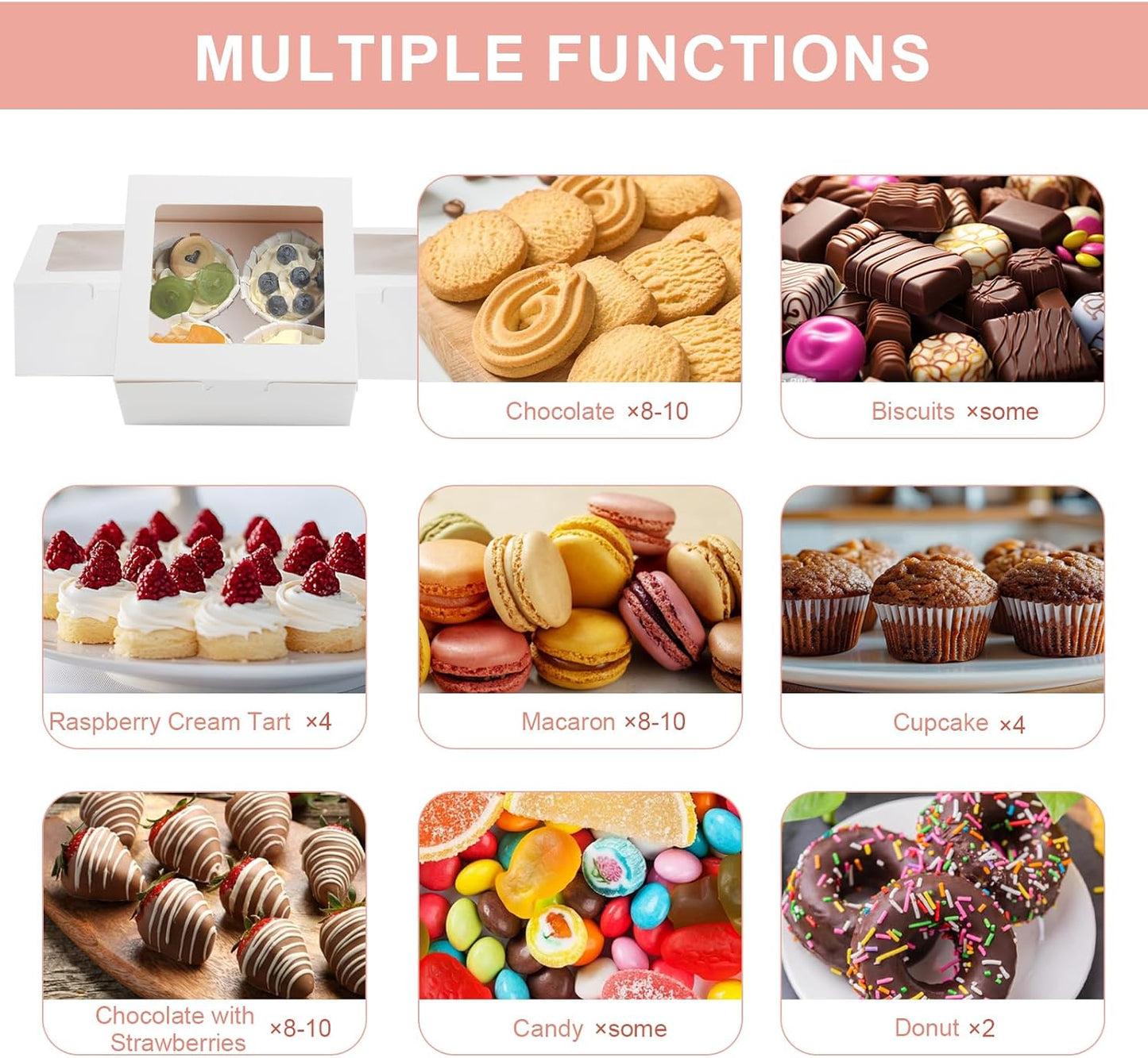 OAMCEG 50 PCS Cupcake Boxes with Window, 6x6x3 Inch Cookie Boxes, Bakery Treat Boxes for Pastry, Dessert, Chocolate Strawberries, Cupcake Containers, Gift Giving with Stickers & Twine （Brown）