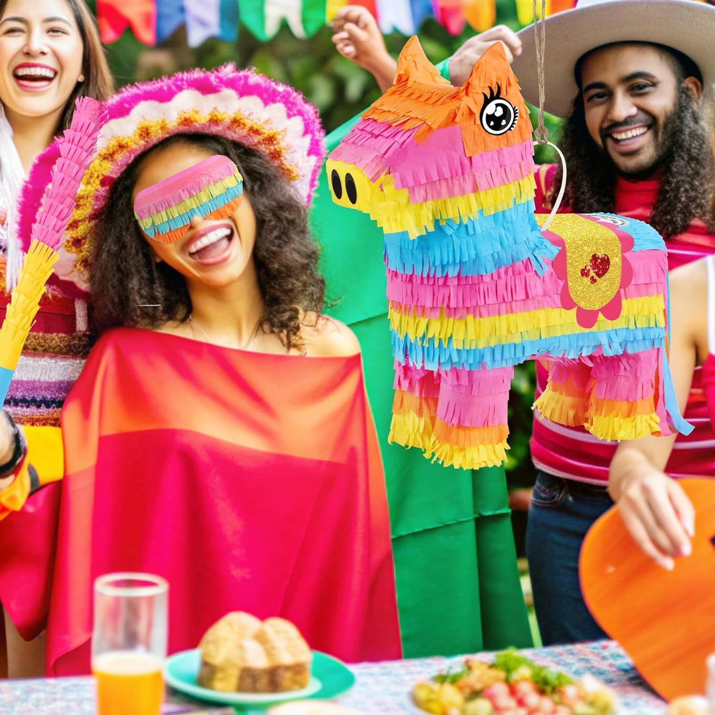Hooqict Mexican Pinata with Blindfold and Bat Stick Party Pinata for Fiesta Carnival Cinco de Mayo Decorations Kids Adults Mexican Party Games Birthday Party Supplies