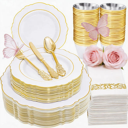 350 Pieces Black and Gold Plastic Plates with Disposable Silverware, Include 50 Dinner Plates 9”, 50 Dessert Plates 6.3”, 50 Black Cups 9 OZ, 50 Pre Rolled Napkins for Wedding Party Graduation