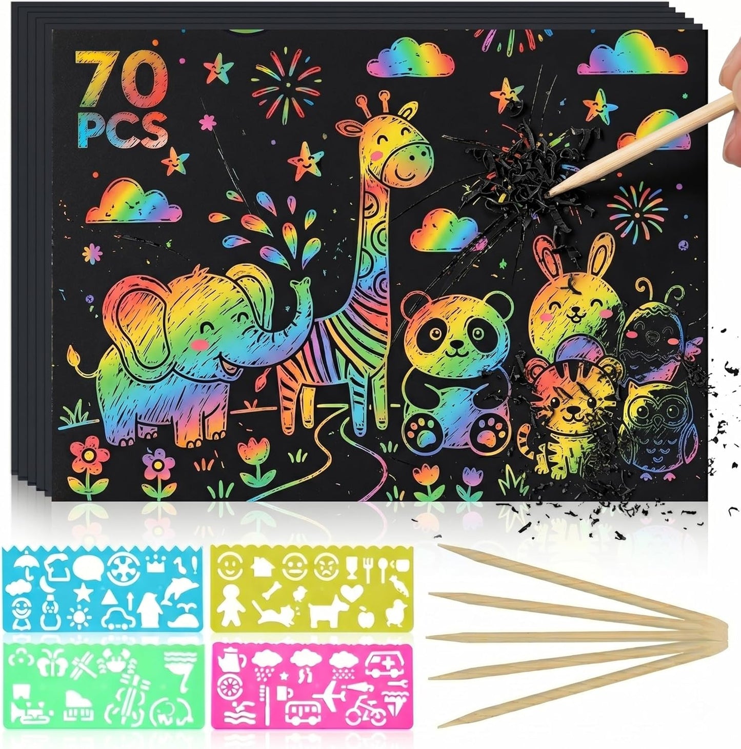 CMTOOP 70 PCS Mess Free Rainbow Scratch Paper Art for Kids - Fun Animal Shapes Travel Activity Craft Kit - Magic Scratch Boards for Goodie Bag Stuffers Birthday Party Favors Classroom Prizes