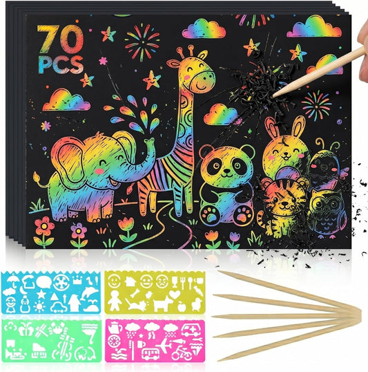 CMTOOP 70 PCS Mess Free Rainbow Scratch Paper Art for Kids - Fun Animal Shapes Travel Activity Craft Kit - Magic Scratch Boards for Goodie Bag Stuffers Birthday Party Favors Classroom Prizes