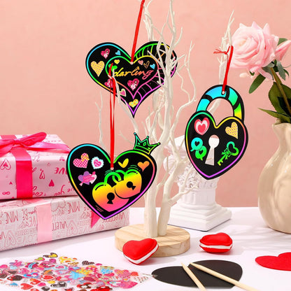 FEBSNOW Valentines Crafts for Kids, 48 PCS Heart Rainbow Magic Scratch Art Day Cards for Kids Classroom Scratch Paper Art for Valentines Day Gifts Party Favors witn Heart Stickers