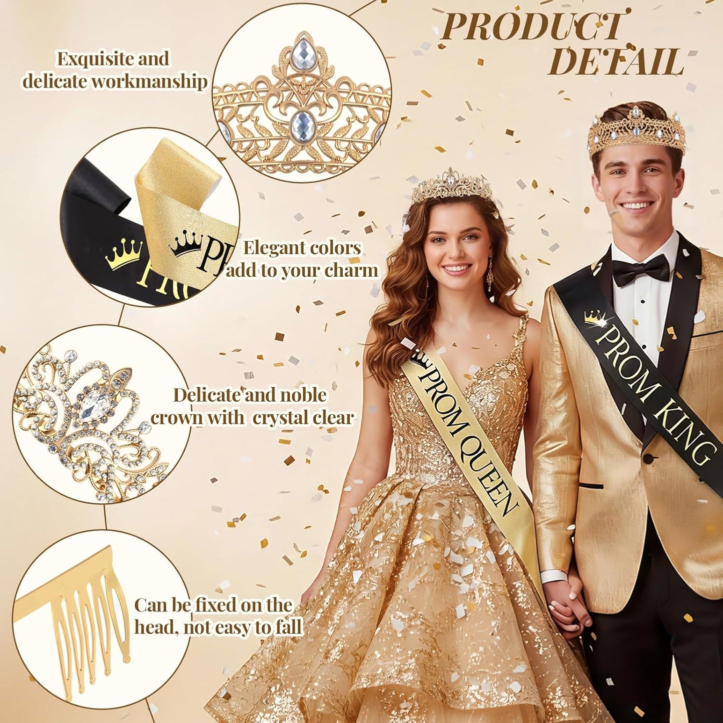 Lyrow 4 Pcs Prom King and Queen Crown Set, Prom King Crown with Sash for Graduation, Queen Tiara with Sash for Grad Couple Accessories Homecoming Birthday Party(Cute,Black,White)