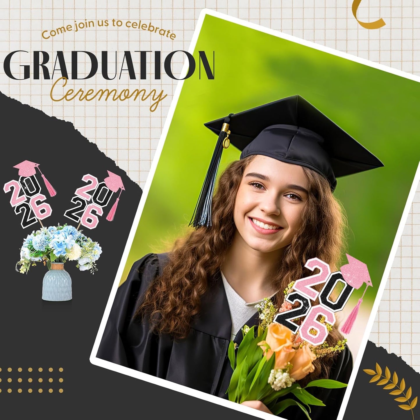 10 Pcs Graduation Table Centerpieces Sticks with Tassels, class of 2026 Grad Cap Picks Table Decoration Cupcake Toppers for Party Centerpiece Decoration Supplies(Blue and Gold)