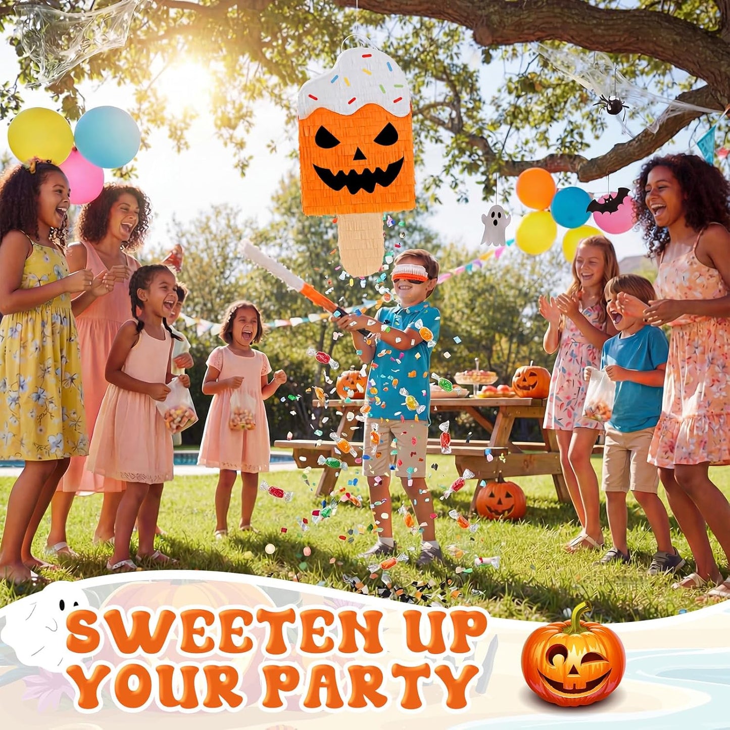 Blueweenly Summer Halloween Ice Cream Piñata Halloween in Summer Piñata with Stick Blindfold Confetti for Party Decorations Photo Prop Party Supply 15.75''x 8.27''x 3.15''