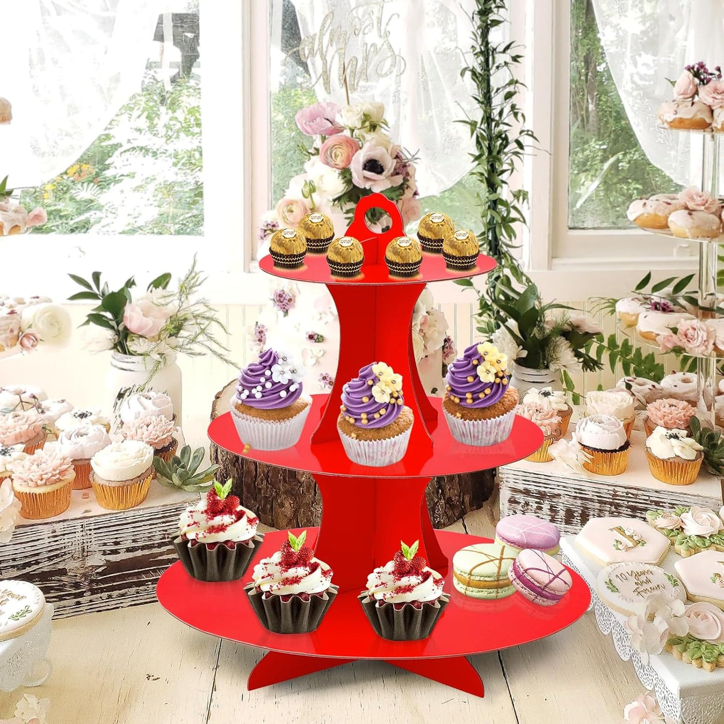 Soleebee 3-Tier Round Cupcake Stand, Cardboard Cupcake Tower, Dessert Cup Cake Stand Tower for Birthday Wedding Party Decoration, Cupcake Tier Stand 1 Set (Hot Pink)