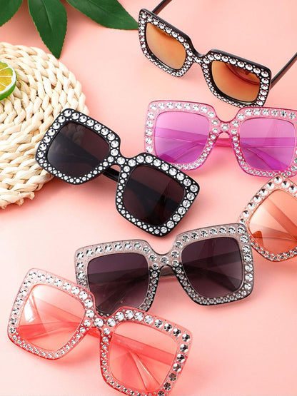 9 Pairs Rhinestone Oversized Square Sunglasses for Women Sparkling Bling Crystal Sunglasses AC Frame Glasses for Women