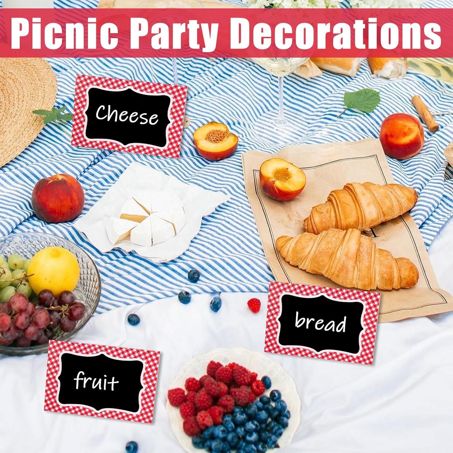 25 Pcs Picnic Party Decorations BBQ Party Decorations, Red Gingham Double Sided Cardboard Tent Cards for Table Number Food Labels Buffet Signs Wedding Baby Shower Event Decor Supplies