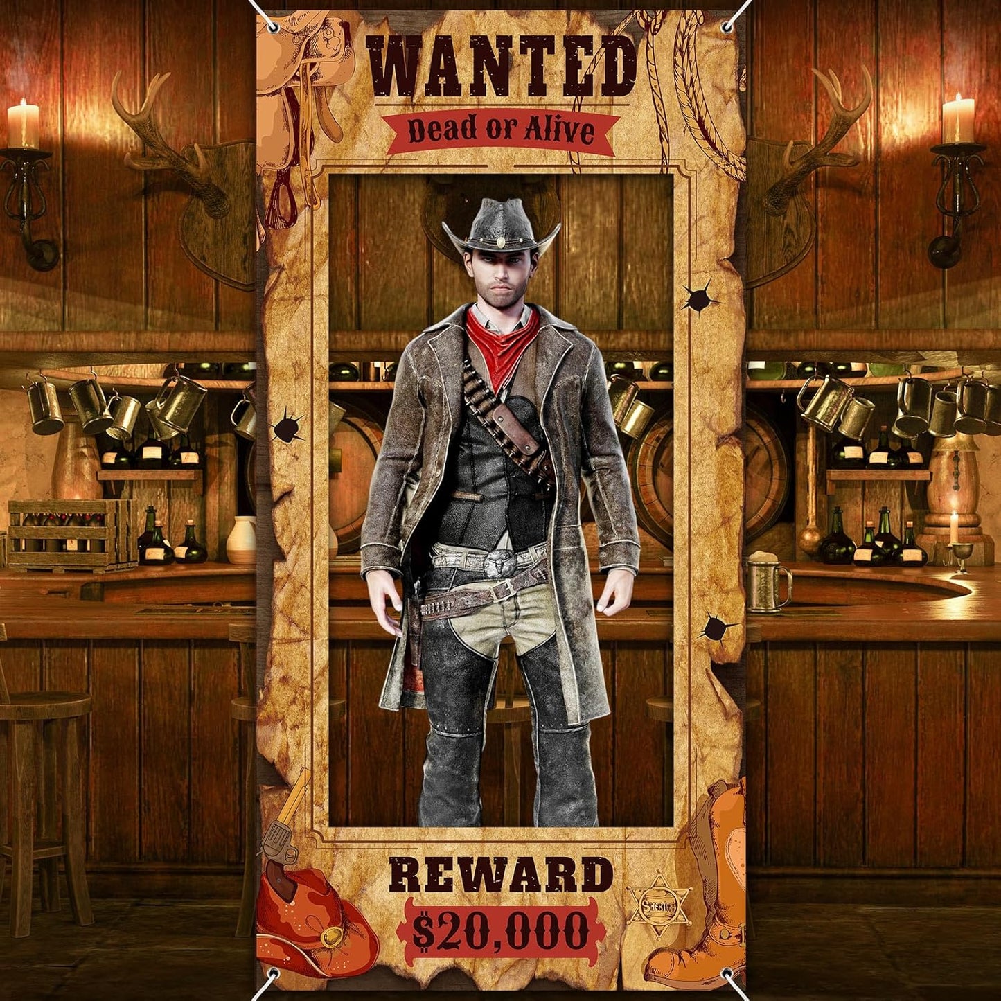 Funrous Wanted Poster Photo Prop Western Photo Booth Prop Large Selfie Frame Poster Fabric Banner Backdrop Wanted Sign for Cowgirl Cowboy Party Decoration Rustic Birthday Party Supplies (Pink)